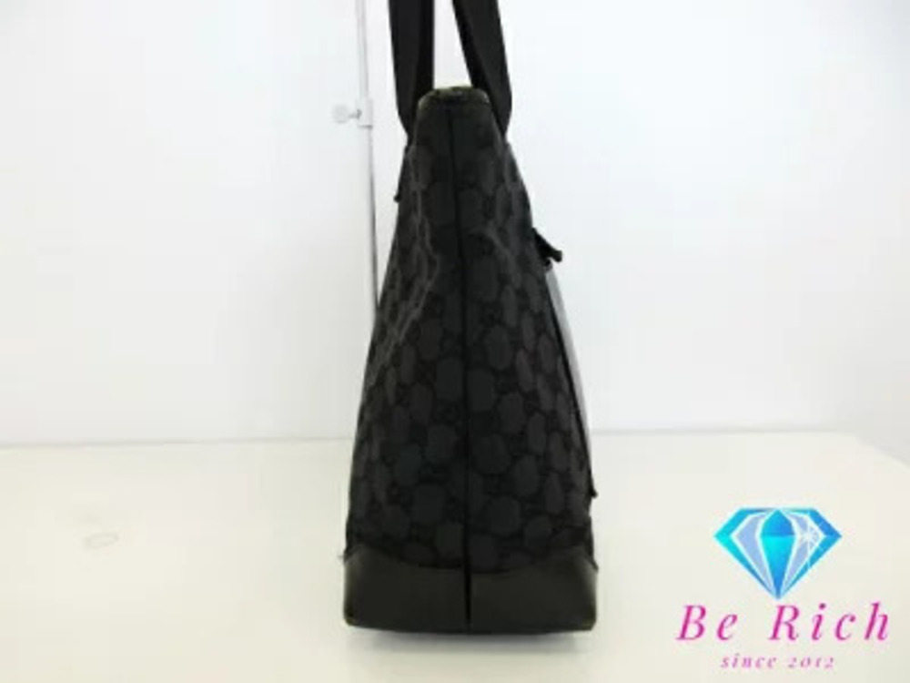 Gucci Shoulder Bag Leather Tote Handbag Black Canvas GG Black